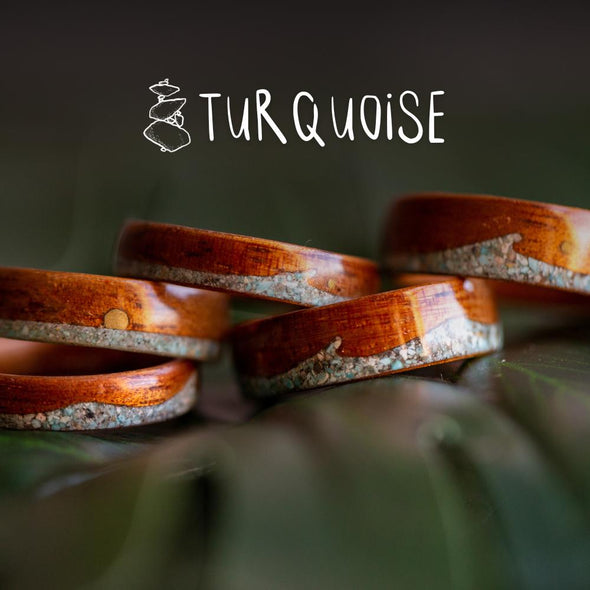 wooden rings with turquoise inlays