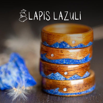 wood rings with lapis lazuli inlay