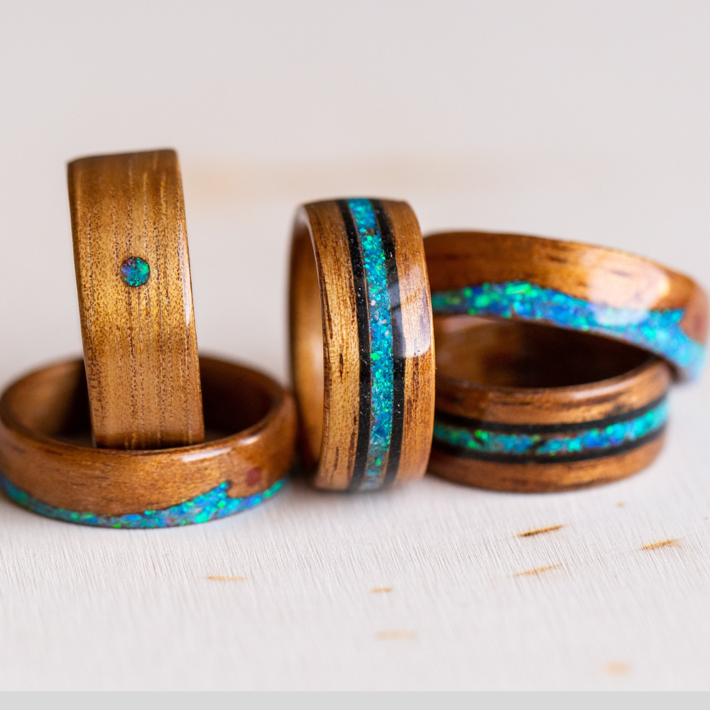 wooden rings with opal