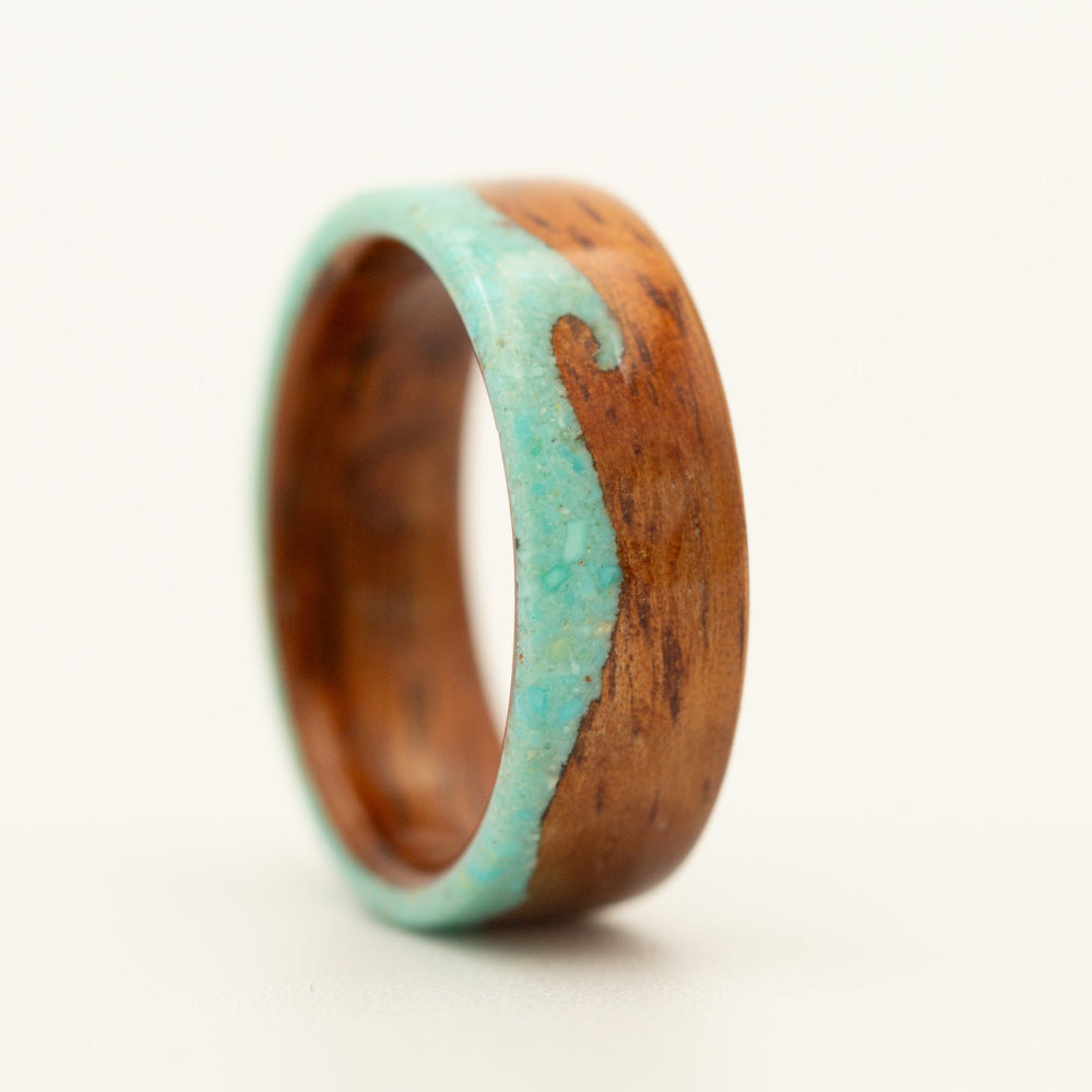 Hawaiian Koa Wood Wave Ring with Turquoise Stone for Him