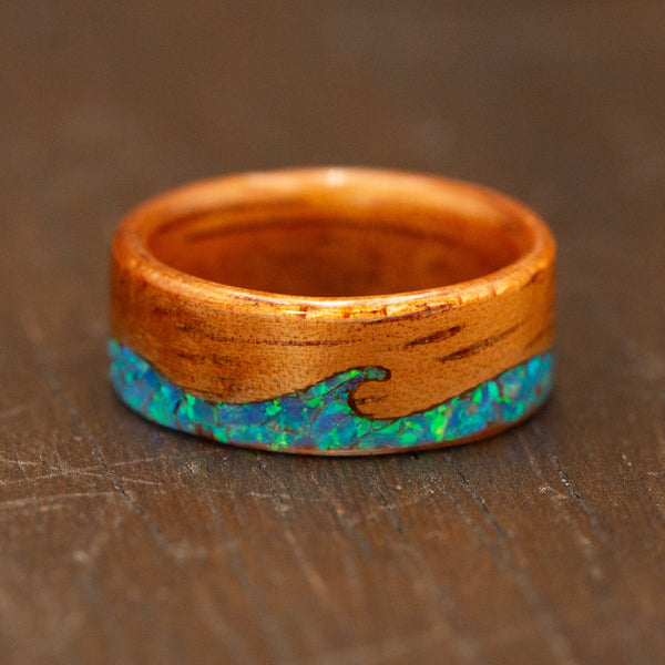 Wooden ring with blue opal inlay 