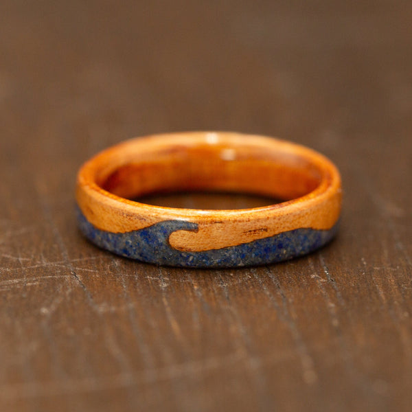 Wooden ring with lapis lazuli stone inlay