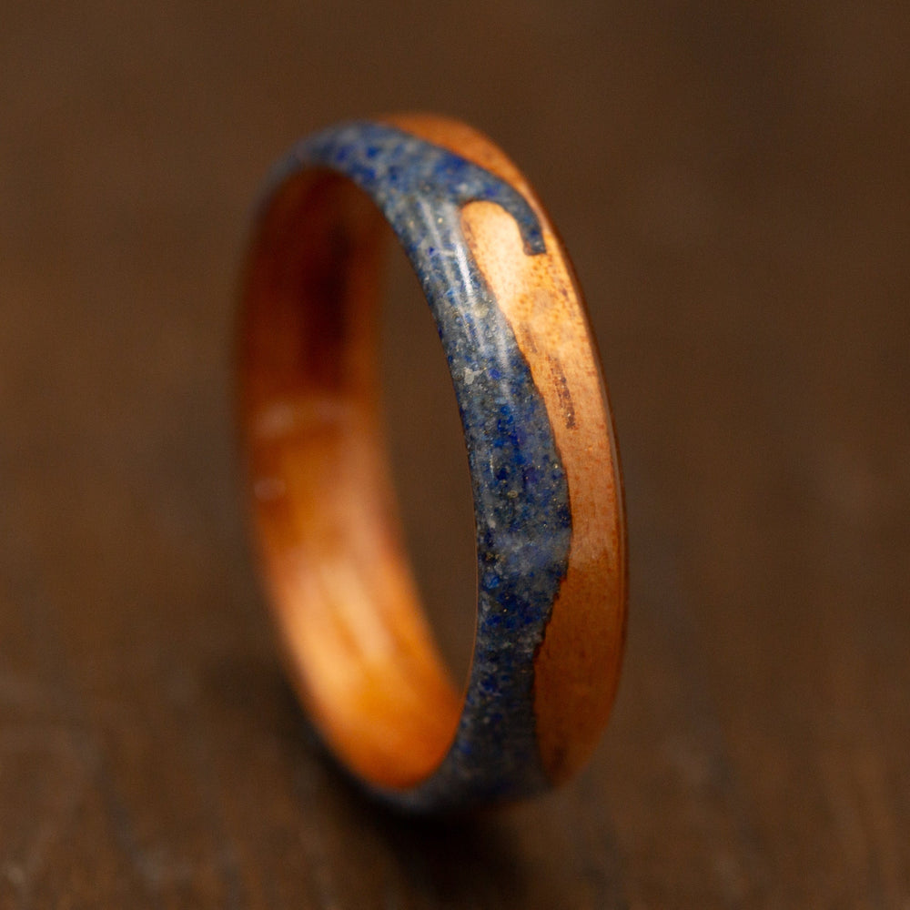 Wooden ring with lapis lazuli stone inlay