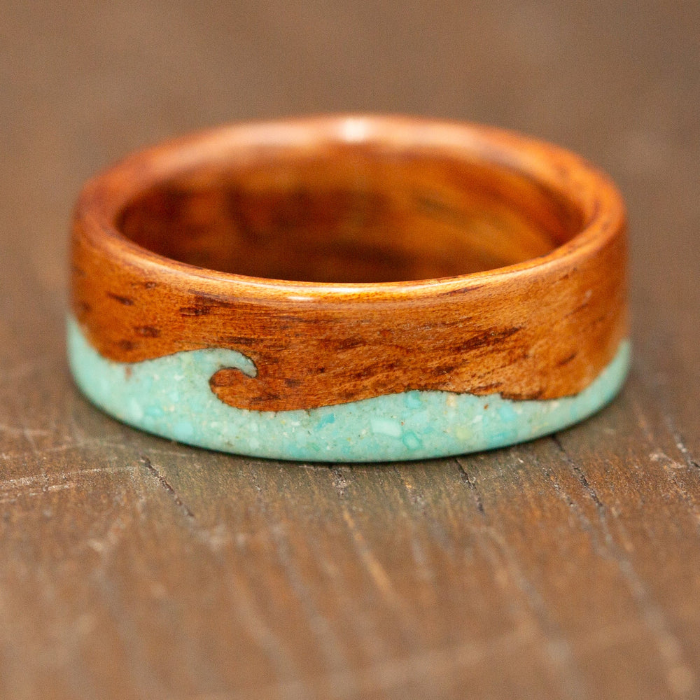 Hawaiian Koa Wood Wave Ring with Turquoise Stone for Him