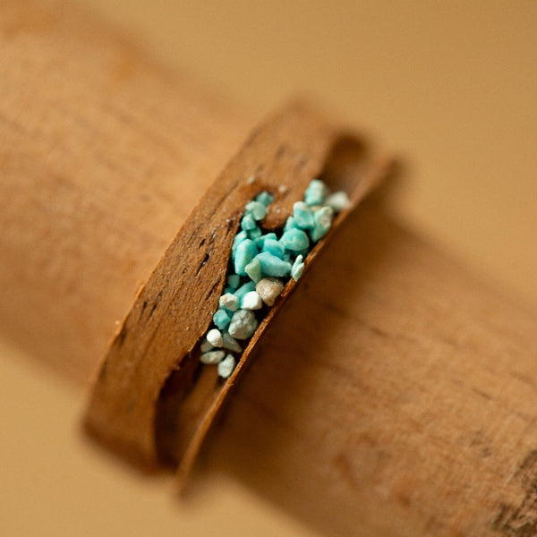 wood ring with wave and turquoise