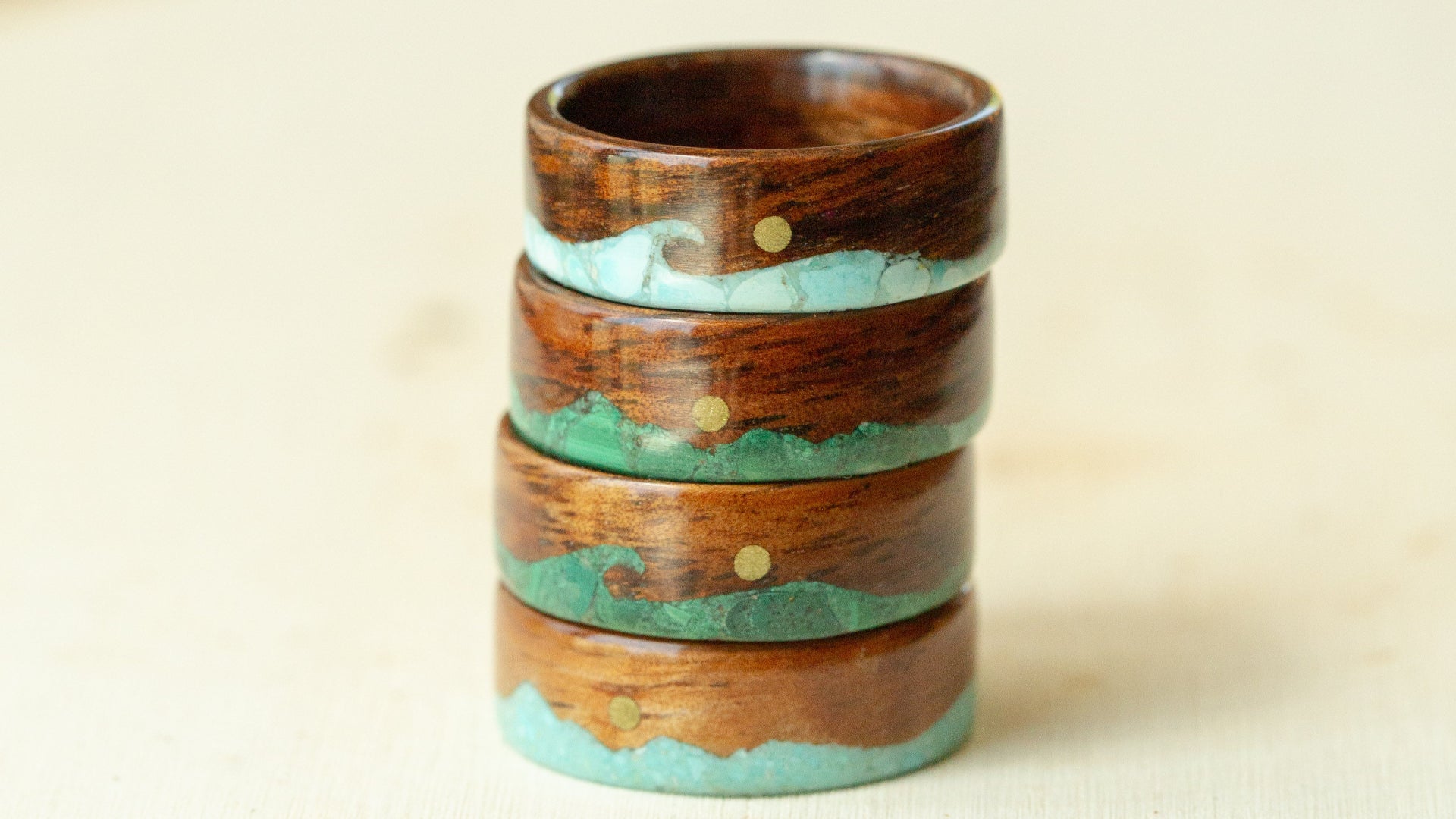 wooden rings with turquoise and Malachite