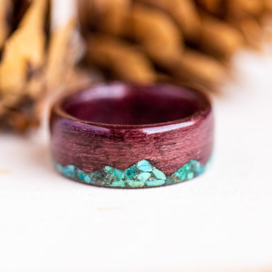 purple heart wooden ring with turquoise