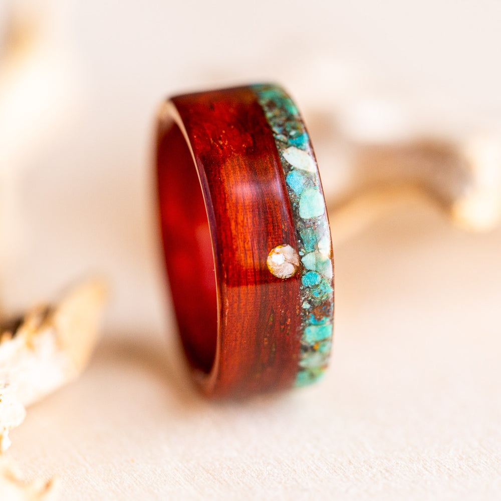 Padauk wood ring with turquoise and mother of pearl