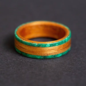 Hawaiian Koa Wood Ring with Double Malachite Inlay