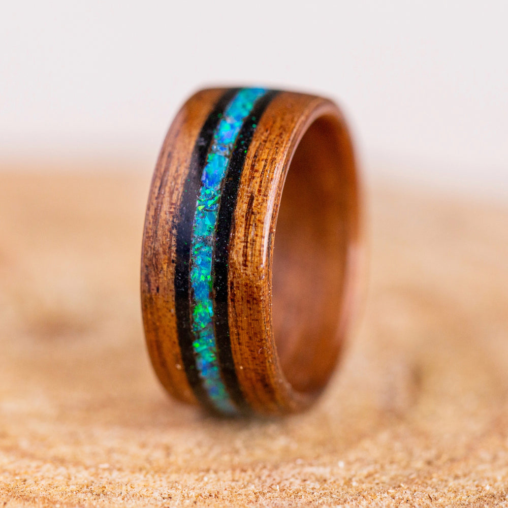 Dark Koa & Blue Pacific Opal in Black Tourmaline