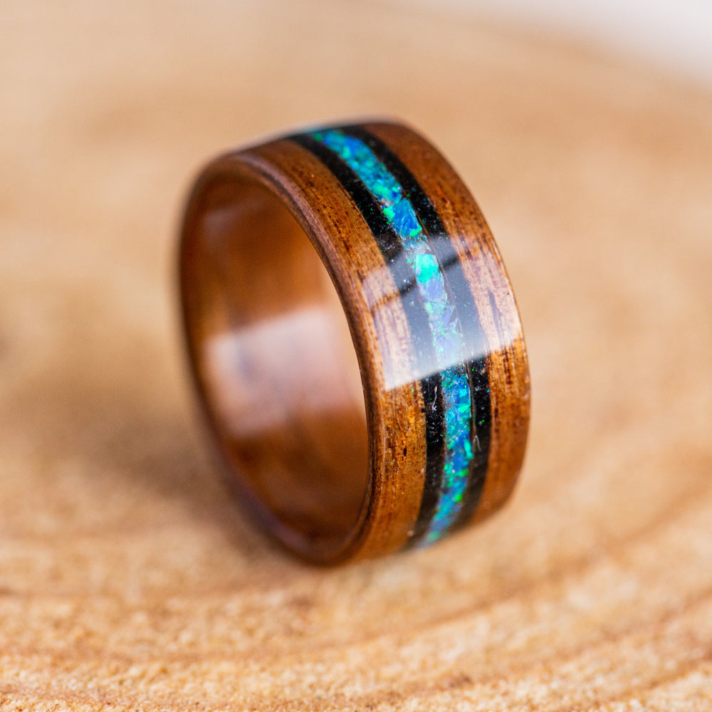 Dark Koa & Blue Pacific Opal in Black Tourmaline