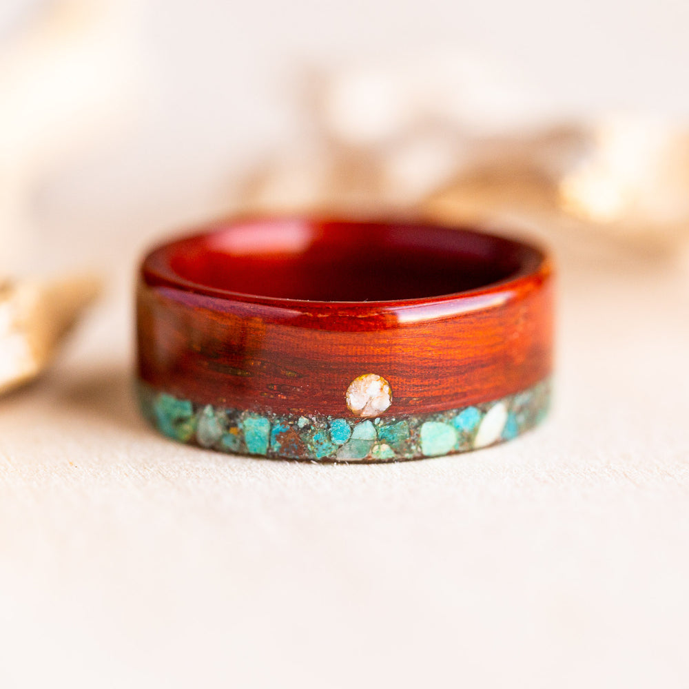 Padauk wood ring with turquoise and mother of pearl